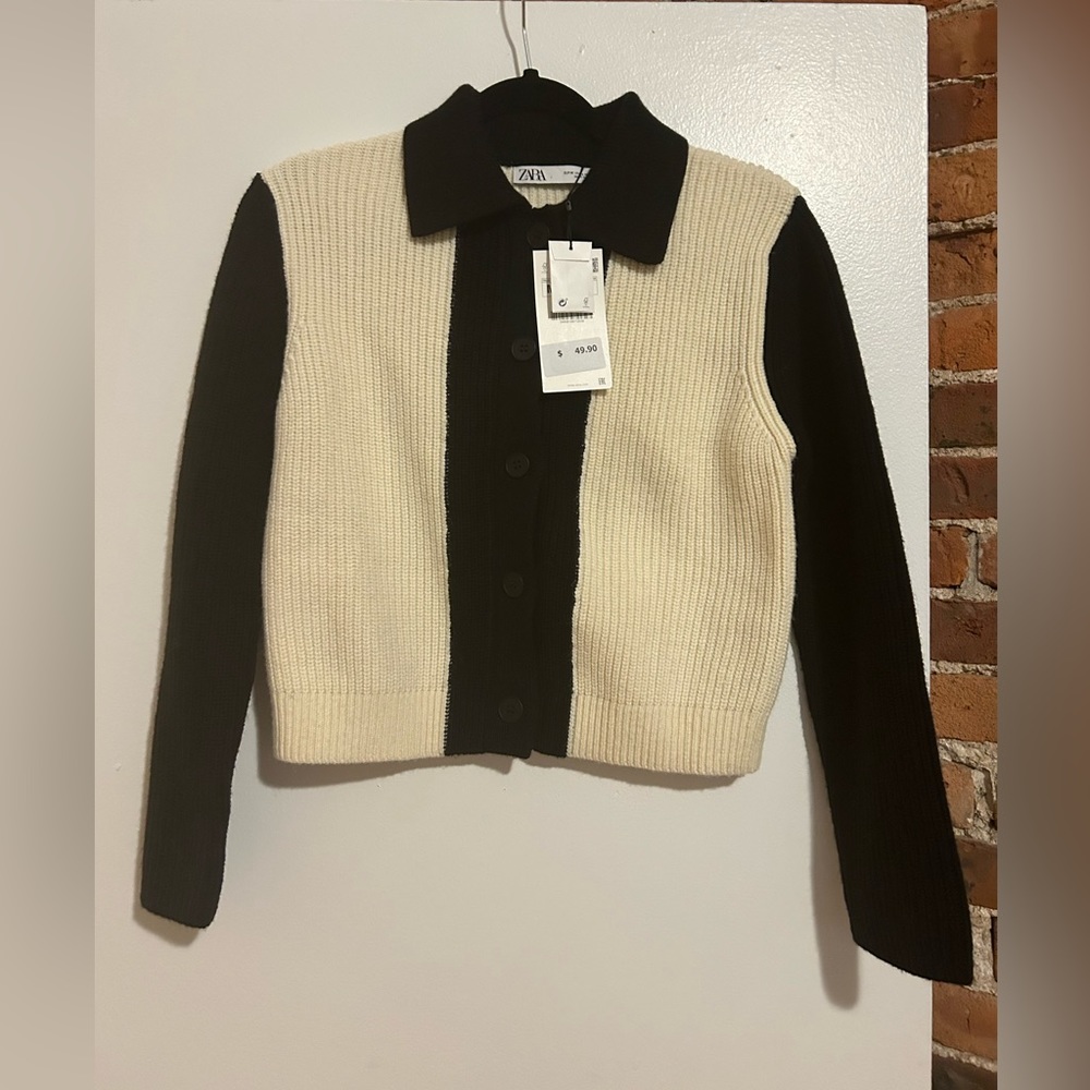 Zara combination knit cardigan (black and white knit w/ collar)